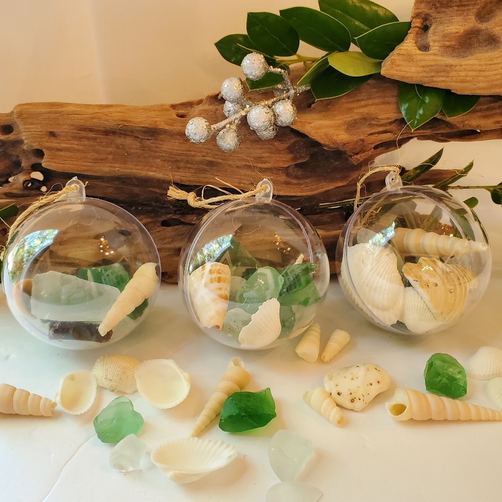 Beach-Themed Plastic Ornaments with Shells and Tumbled Glass Set Of Three